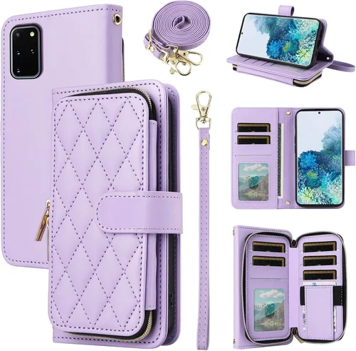 Vista 25 de Funda de Cartera para Samsung Galaxy S20 FE 5G de 6.5 Pulgadas con Correa para Muñeca, Billetera con Cremallera y más de 9 Ranuras para Tarjetas
