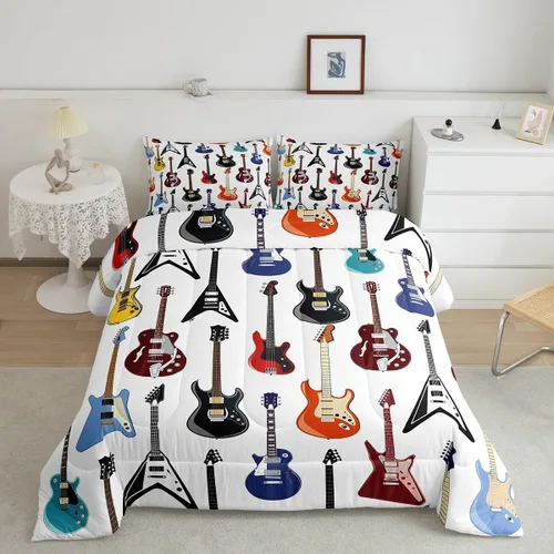 Vista 30 de Castle Fairy Juego de edredón de botas de vaquero, tamaño individual, juego de ropa de cama bohemio con guitarra musical para niños y niños