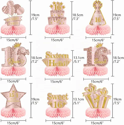 Vista 2 de 9 piezas de decoración de cumpleaños número 16 para niñas, centros de mesa de feliz cumpleaños de 16 años, suministros de fiesta, decoración de mesa