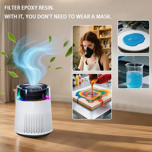 Vista 3 de Purificador de aire de resina epoxi, con purificador de elementos filtrantes con modo de luz nocturna, moldeo de resina y sistema de filtración