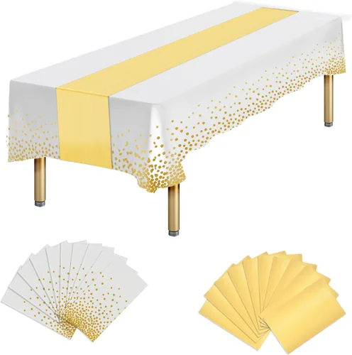 Vista 21 de Paquete de 10 manteles rectangulares de plástico y camino de mesa de satén, mantel desechable negro rectangular y dorado para cumpleaños