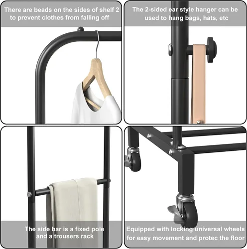 Vista 6 de Sooyee Perchero de doble barra con ruedas, perchero de 3 niveles para colgar ropa, perchero portátil con 4 ganchos para dormitorio, cuarto de Negro