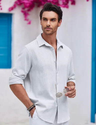 Vista 3 de COOFANDY Camisa cubana de lino guayabera con botones y manga larga para hombre