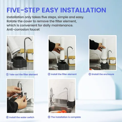 Vista 3 de Sistema de Filtro de Agua de Encimera, Filtro de Agua Alcalina de 5 Etapas, Filtro de Agua de Grifo de 8000 Galones con 1 Filtro de Cerámica Lavable