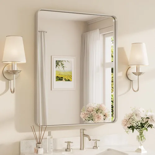 Vista 49 de Espejo de marco dorado cepillado de 16 x 24 pulgadas, espejo de tocador de baño de latón dorado para pared, espejo enmarcado rectangular de esquina