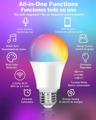 Vista 4 de OHLUX Bombillas inteligentes, bombillas LED que cambian de color para Alexa y Google Assistant, WiFi de 2.4 GHz y Bluetooth con sincronización