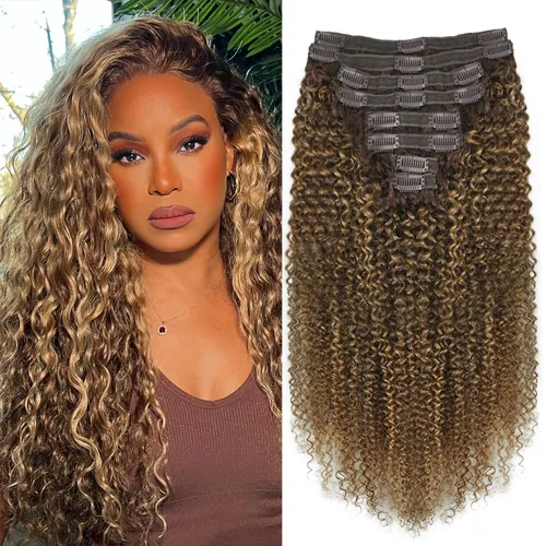 Vista 41 de Extensiones de cabello humano real rizado con clip, 4/27/4, ombré, rizado con clip, para mujer, 3C y 4A (12 pulgadas, #4/27/4)