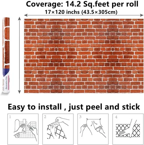 Vista 7 de Arthome - Papel tapiz de ladrillo autoadhesivo de 17 x 120 pulgadas, impermeable, para dormitorio, sala de estar, chimenea, escalera, decoración