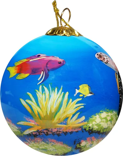 Vista 2 de Adorno de Navidad de vidrio soplado Playa de cacao de tortuga marina Pintado a mano en el interior Arte original Incluye caja de regalo