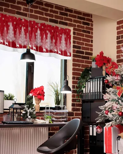 Vista 4 de Cenefas de Navidad para ventanas de cocina, cenefa de árbol de Navidad para sala de estar, cenefa de ventana de renos de invierno con bolsillo