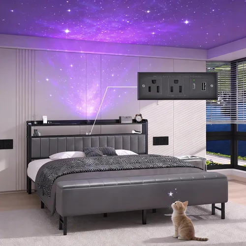 Vista 11 de Base de cama de plataforma de tamaño matrimonial con cabecera de almacenamiento, proyector de estrellas, color negro Charging Station, Heavy-Duty