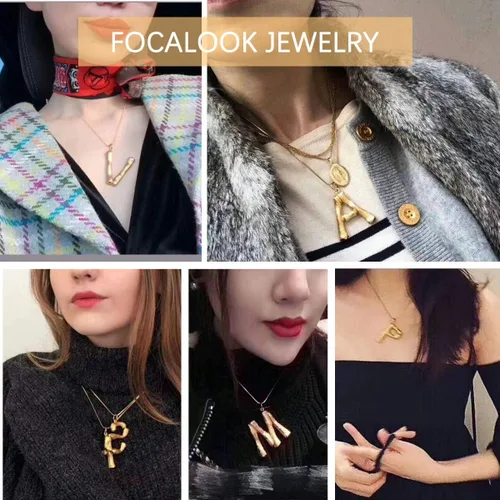 Vista 2 de FOCALOOK Collar de bambú chapado en oro de 18 quilates con dije de nombre inicial para mujer, collar grande con dije de letra de bambú