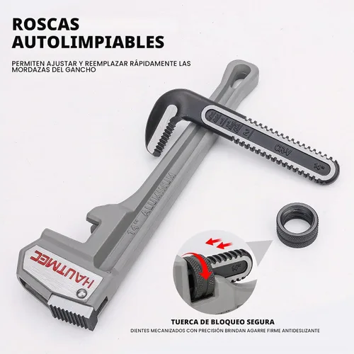 Vista 3 de HAUTMEC Llave de tubo recta de aluminio de 14 pulgadas, llave de fontanería ajustable, capacidad de mandíbula de 2 pulgadas, llave de tubería