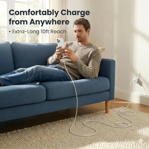 Vista 4 de TT&C Cargador de pared USB-C de 45 W con cable extralargo de 10 pies Adaptador de corriente de carga rápida para Samsung Galaxy S26, S25, S24