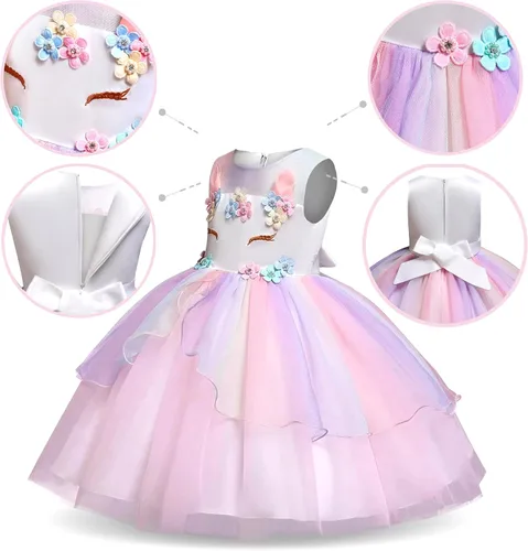 Vista 3 de Vestido de princesa unicornio para niñas pequeñas disfraz joyas y diadema