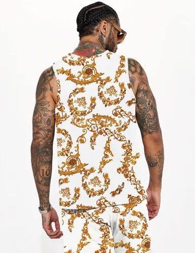 Vista 2 de JoZorro Conjunto de camiseta sin mangas con estampado floral para hombre, camiseta deportiva casual con estampado de lujo, ropa deportiva hawaiana