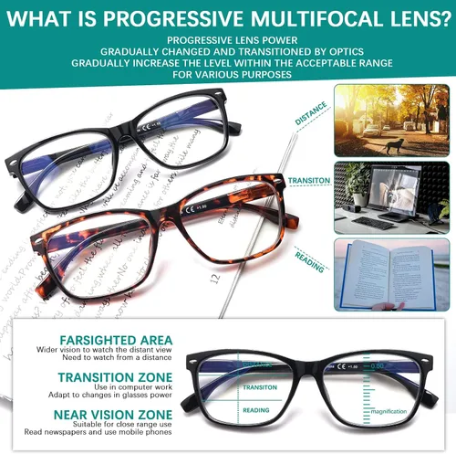 Vista 3 de Paquete de 3 Gafas de Lectura Progresivas Multifoco para Mujeres y Hombres con Bloqueo de Luz Azul, Bisagras de Resorte Multifoco, Lectores