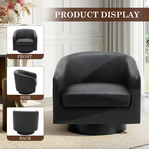Vista 7 de Silla Giratoria de Acento de Cuero Sintético con Base de Madera, Sillas de Barril Tapizadas Modernas para Sala de Estar, Cómodo Sillón Redondo Sofá