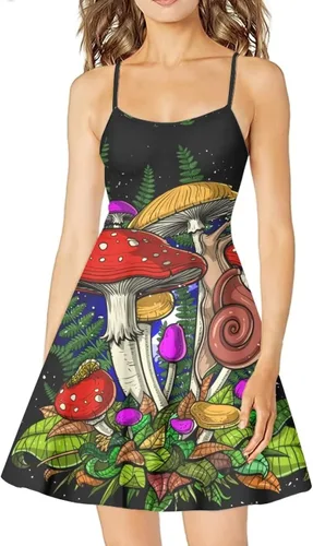 Vista 3 de Dremagia - Vestido de verano con tirantes delgados para mujer, vestido acampanado y sin mangas para fiestas en la playa