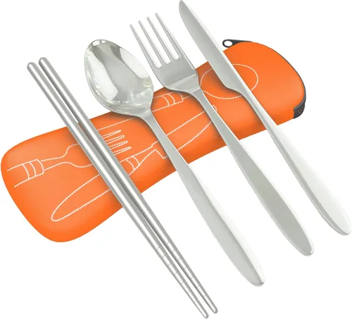 Vista 8 de Set de 4 unidades (cuchillo, tenedor, cuchara, palillos) para Viajes/Camping –Cubertería de acero inoxidable con funda de neopreno