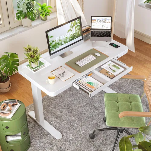 Vista 2 de FLEXISPOT Comhar - Escritorio de pie eléctrico de cristal puro con cajones, escritorio y puertos de carga USB, escritorio ergonómico de altura