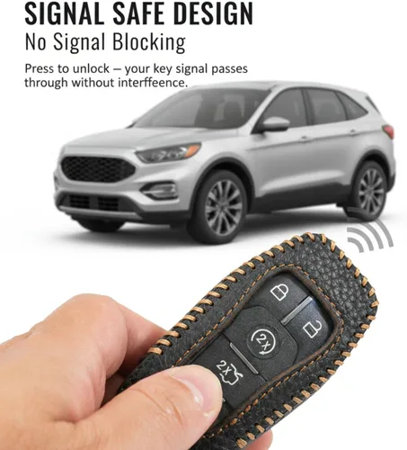 Vista 4 de Funda protectora de cuero para llavero Ford compatible con Explorer Mustang Fusion F150 Edge Lincoln MKZ MKC Nautilus (negro)