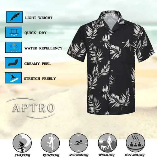 Vista 5 de APTRO Camisa hawaiana elástica en 4 direcciones para hombre, camisas de playa tropicales
