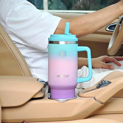 Vista 5 de ICEWATER Vaso de 40 oz con 2 tapas (abatible y pajita estándar), 100% a prueba de fugas, vaso aislado con asa, compatible con portavasos, botella