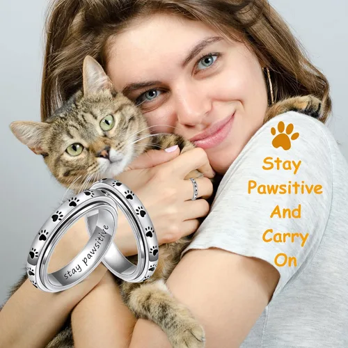 Vista 15 de LYTTMAB Keep Pawstive - Anillo de ansiedad para mujer, anillo giratorio con estampado de pata de perro y gato, anillo para ansiedad para mujer