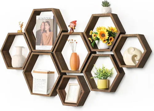 Vista 8 de Estantes flotantes hexagonales, estante de pared con diseño