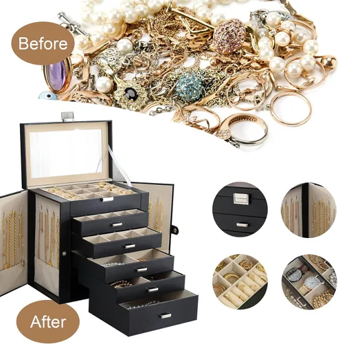 Vista 3 de Organizador grande de joyero con espejo para mujer 6 capas cajas de joyería con piel sintética joyas blancas altas y negras organizadas para regalo