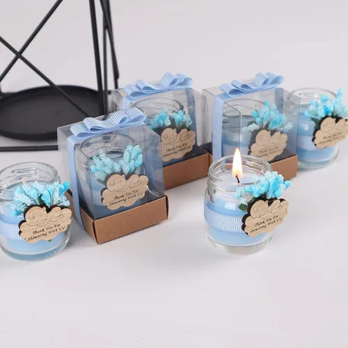 Vista 6 de HTF - Paquete de 5 velas en tarro de cristal, hechas a mano, recuerdos de fiesta de baby shower para niños, velas de vidrio para decoración de baby