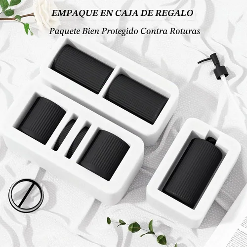 Vista 7 de Juego de accesorios de baño de cristal negro, 5 piezas, dispensador de jabón acanalado vintage, soporte para cepillo de dientes, vaso, tarro Qtip