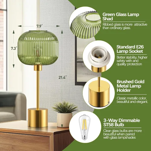 Vista 4 de QiMH - Lámpara de mesa de vidrio para sala de estar, lámpara de mesita moderna con pantalla de vidrio acanalada verde, lámpara de mesita de noche