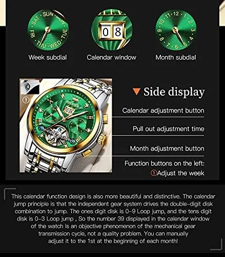 Vista 4 de OLEVS - Reloj automático para hombre con diseño de esqueleto de 5 manecillas clásico de lujo multicalendario de acero inoxidable impermeable