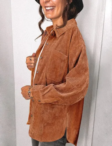 Vista 4 de Saslax Camisa de pana para mujer, de manga larga, con botones, cuello en V, holgada, chaqueta