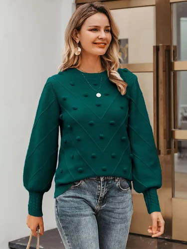 Vista 5 de Miessial Women's Fall Crew Neck Pullover Sweater Cute Long Puff Sleeve Chunky Knit Sweater Pompom Jumper Top