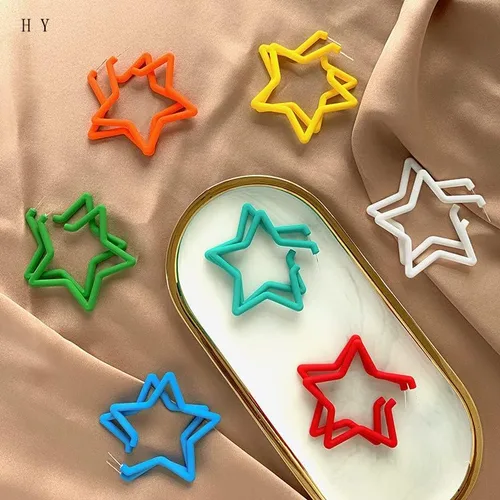 Vista 3 de Pendientes de aro de estrella acrílica grande de los años 80 y 90, accesorios geométricos de neón para fiestas para mujeres y niñas, joyería