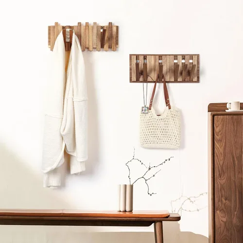 Vista 2 de Perchero de pared para entrada: Plegable rústico de madera con 8 ganchos, montaje de 16.5 pulgadas, elegante colgador de piano para pasillo