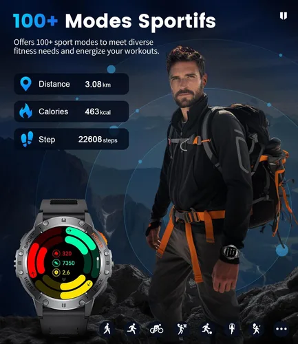 Vista 7 de Relojes inteligentes militares para hombres (responder/hacer llamadas) con linterna LED, batería grande de 530 mAh, monitor de frecuencia