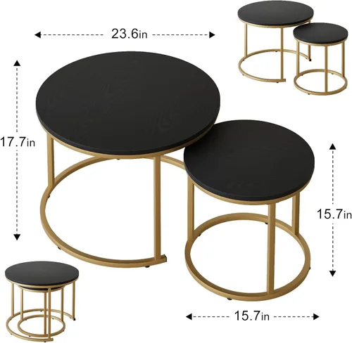 Vista 2 de Garden 4 you Mesa de Centro Anidable, Juego de Mesa de Centro Redonda de 23.6" Set de 2, Juego de Mesas Anidables de Madera con Marco de Metal