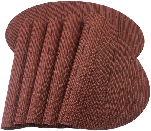 Vista 11 de Juego de 4 manteles individuales de vinilo tejido ovalado de bambú de imitación rojo A, resistentes al calor, lavables para mesa de cocina