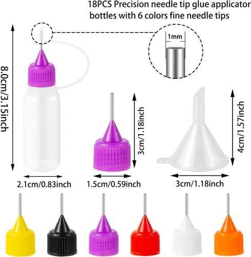 Vista 2 de 18 piezas de botellas aplicadoras de pegamento de punta de aguja de precisión, 6 colores 10 ml/1 oz botella de compresión de punta de aguja fina