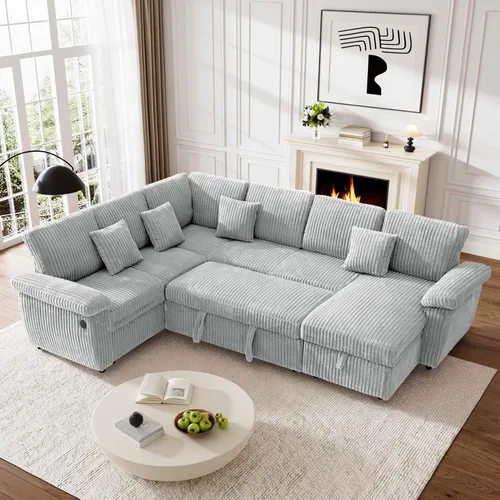 Vista 11 de Sofá cama modular de 110 pulgadas con cama extraíble, diván de almacenamiento y carga USB, sofás seccionales de pana de felpa en forma de U beige