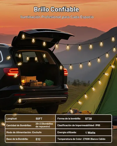 Vista 8 de Tira de luces LED para patio, 50 pies, IP65, impermeable, ST38, conectable, regulable