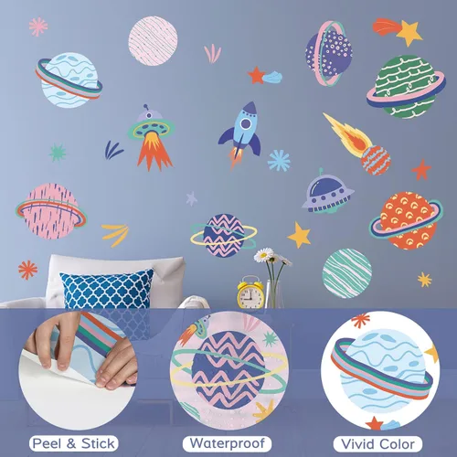 Vista 4 de Calcomanías de pared espaciales multicolor – Calcomanías de vinilo de cohete espacial planetas y estrellas – Sistema Solar extraíble Galaxy Star