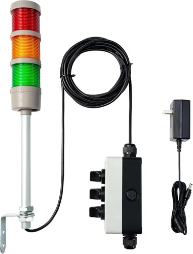 Vista 4 de 3-Stack LED Andon Tower Light: kit de advertencia industrial R/Y/G Plug-and-Play: ABB Switch, Mean Well 120V-24V Power Adapter & 16ft Extension