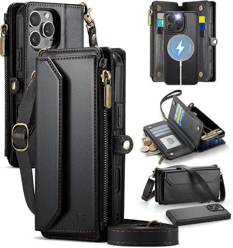 Vista 10 de Strapurs - Funda magnética desmontable para iPhone 15, color negro Compatible with Magsafe, Crossbody Wrist Strap, RFID Blocking 9-Card Holder