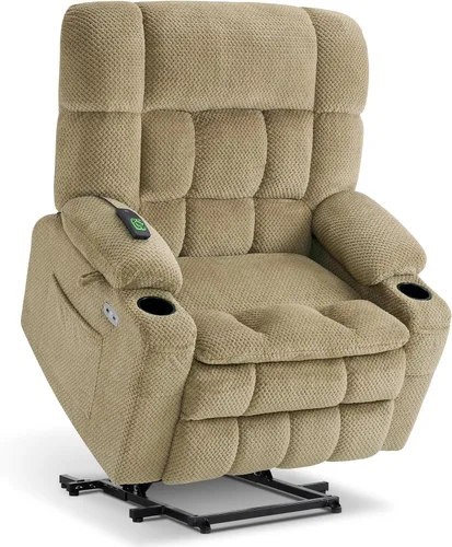 Vista 29 de MCombo Silla reclinable eléctrica de motor dual con masaje y calor para personas mayores, posición infinita, puertos USB, portavasos, tela 7890 Beige