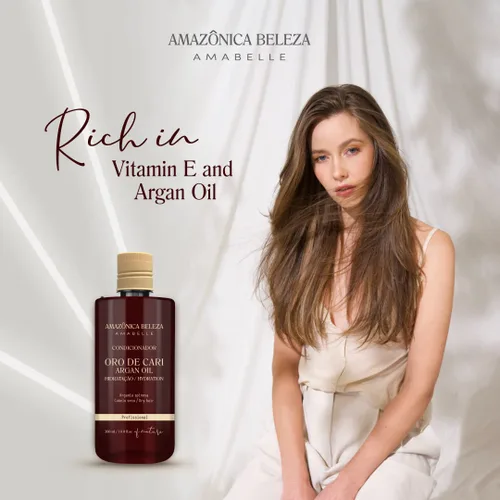 Vista 4 de AMAZONICA BELEZA Acondicionador Oro de Cari, hidratación intensiva para cabello seco con aceite de argán y vitamina E, línea profesional, 10 onzas